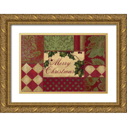 Merry Christmas Patchwork I Gold Ornate Wood Framed Art Print with Double Matting by Sasha
