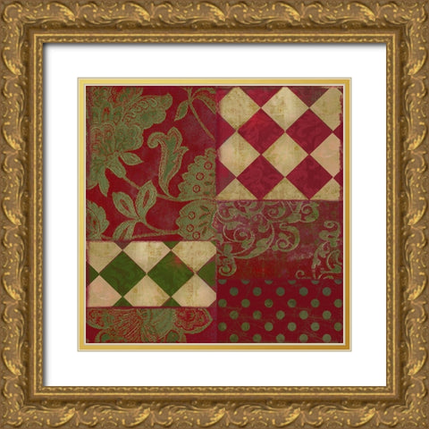 Merry Christmas Patchwork II Gold Ornate Wood Framed Art Print with Double Matting by Sasha