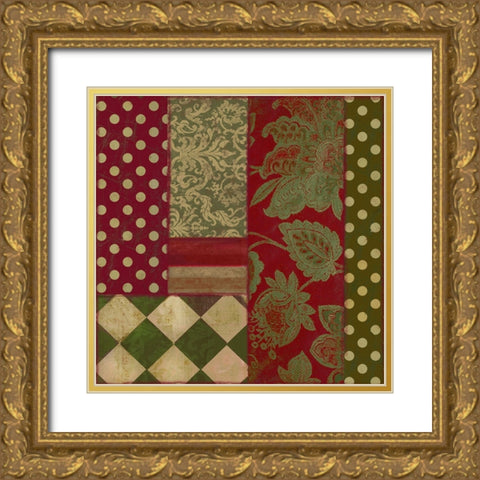 Merry Christmas Patchwork III Gold Ornate Wood Framed Art Print with Double Matting by Sasha