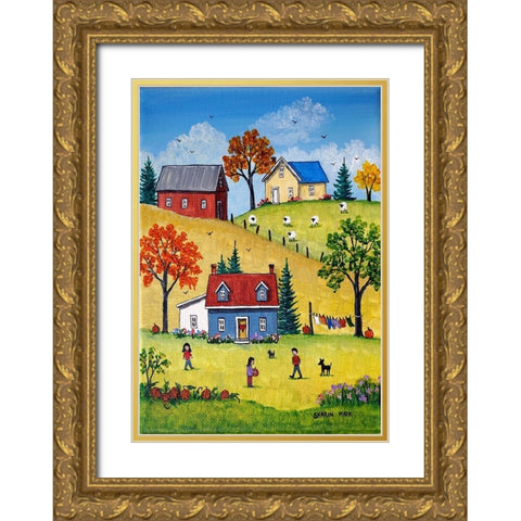 Country Kids and Pumpkins Gold Ornate Wood Framed Art Print with Double Matting by Mark, Sharon