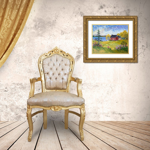 Red Cottage at the Lake Gold Ornate Wood Framed Art Print with Double Matting by Mark, Sharon