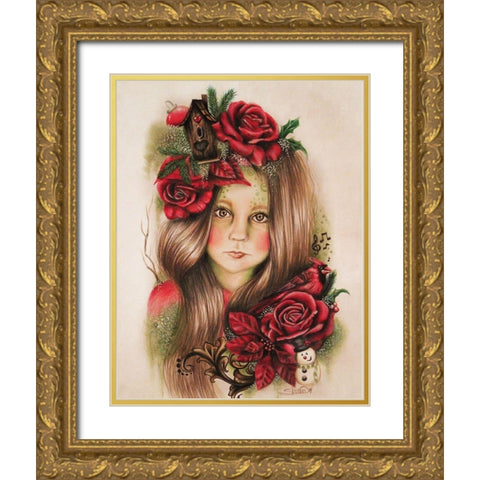 Merry - Christmas Pixie Blossoms Gold Ornate Wood Framed Art Print with Double Matting by Sheena Pike Art