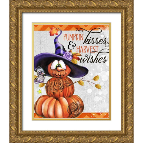 Pumpkin Kisses And Harvest Wishes Jack O Man 2 - Color Gold Ornate Wood Framed Art Print with Double Matting by Sheena Pike Art