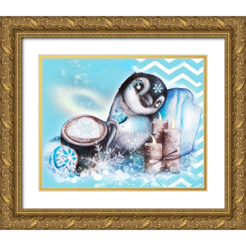 Winter Penguin - with background Gold Ornate Wood Framed Art Print with Double Matting by Sheena Pike Art