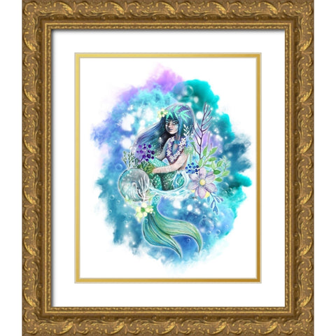 Aqua Mermaid Gold Ornate Wood Framed Art Print with Double Matting by Sheena Pike Art