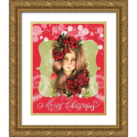 Merry Pixie Blossom - Merry Christmas Gold Ornate Wood Framed Art Print with Double Matting by Sheena Pike Art
