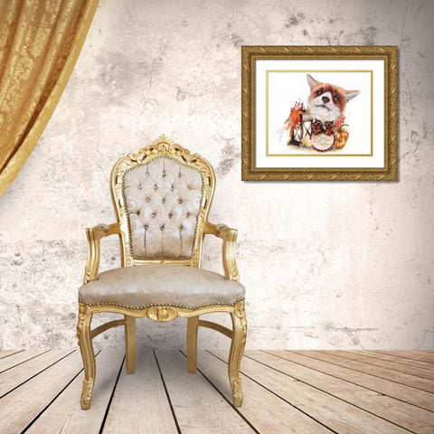 Autumn Greetings Fox Gold Ornate Wood Framed Art Print with Double Matting by Sheena Pike Art