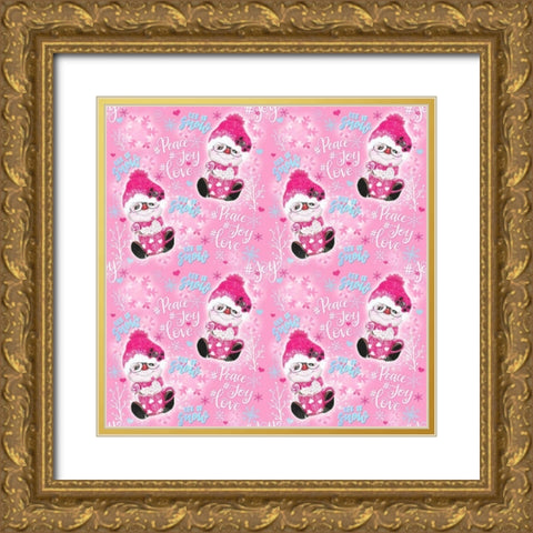 Pink Snowman Pattern Gold Ornate Wood Framed Art Print with Double Matting by Sheena Pike Art