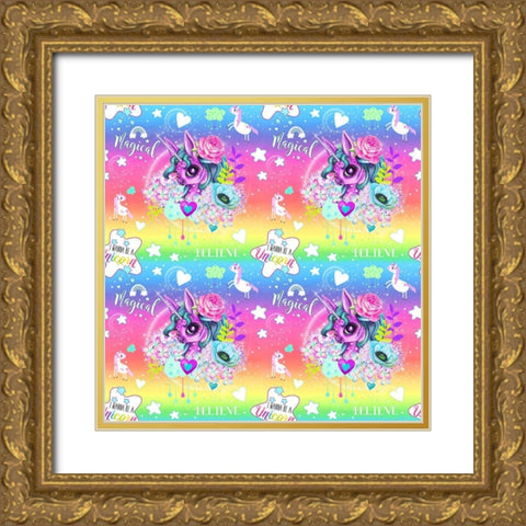 Unicorn Rainbow Ombre Pattern Gold Ornate Wood Framed Art Print with Double Matting by Sheena Pike Art