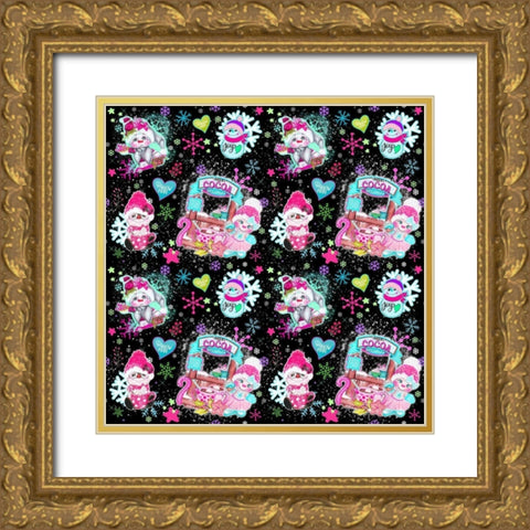 Colorful Snowman Pattern Gold Ornate Wood Framed Art Print with Double Matting by Sheena Pike Art