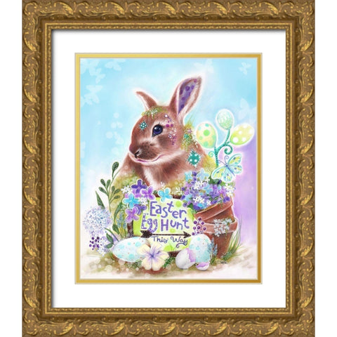Easter Bunny Egg Hunt  Gold Ornate Wood Framed Art Print with Double Matting by Sheena Pike Art