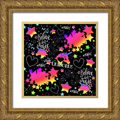 Neon Unicorn Pattern Gold Ornate Wood Framed Art Print with Double Matting by Sheena Pike Art