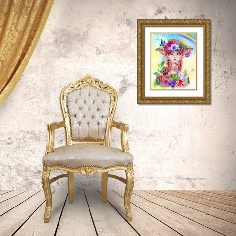 Gracie the Gardener MunchkinZ Elf Gold Ornate Wood Framed Art Print with Double Matting by Sheena Pike Art
