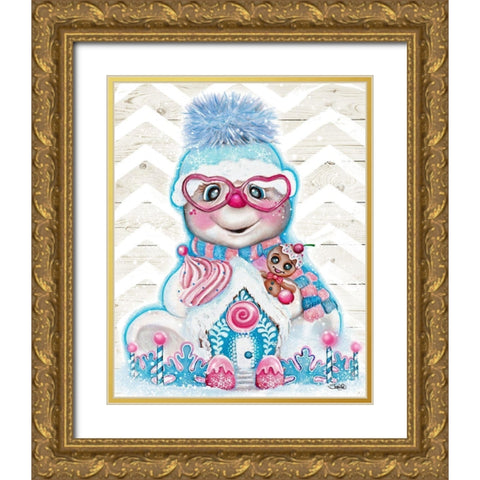 Snowflakes N Sweets Snowman Gold Ornate Wood Framed Art Print with Double Matting by Sheena Pike Art