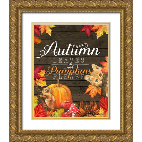 Autumn Leaves and Pumpkins Please Kitty Gold Ornate Wood Framed Art Print with Double Matting by Sheena Pike Art