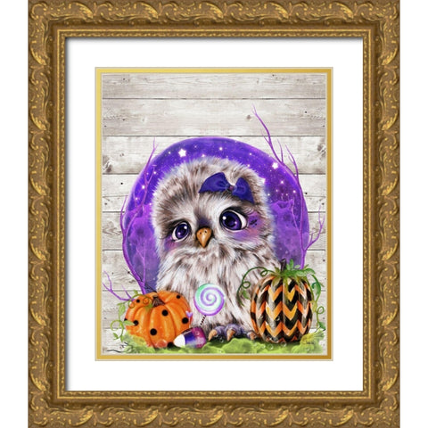 Sweet Halloween Owl Gold Ornate Wood Framed Art Print with Double Matting by Sheena Pike Art