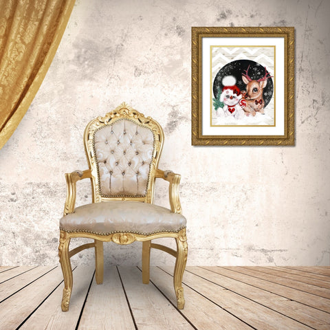 Rudolph and his Snowman Pal Gold Ornate Wood Framed Art Print with Double Matting by Sheena Pike Art