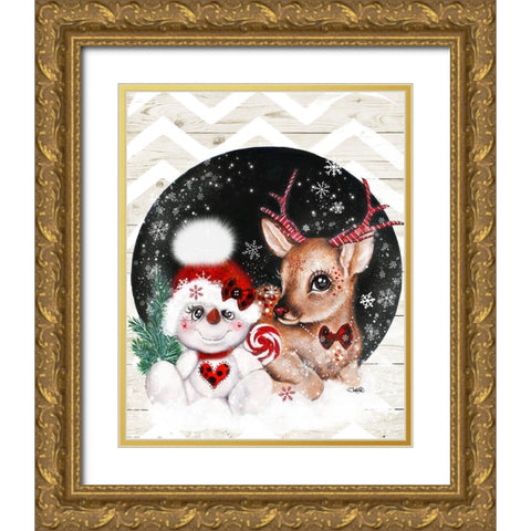 Rudolph and his Snowman Pal Gold Ornate Wood Framed Art Print with Double Matting by Sheena Pike Art