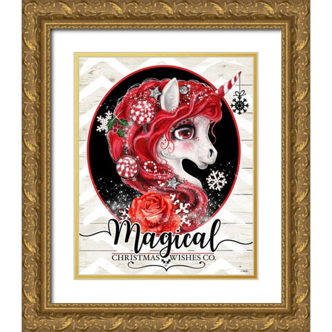 Magical Christmas Wishes Peppermint Unicorn Gold Ornate Wood Framed Art Print with Double Matting by Sheena Pike Art