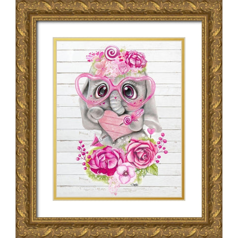 Cute Elephant Valentine Gold Ornate Wood Framed Art Print with Double Matting by Sheena Pike Art