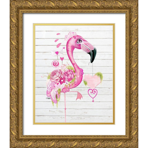 Flamingo Valentine Gold Ornate Wood Framed Art Print with Double Matting by Sheena Pike Art