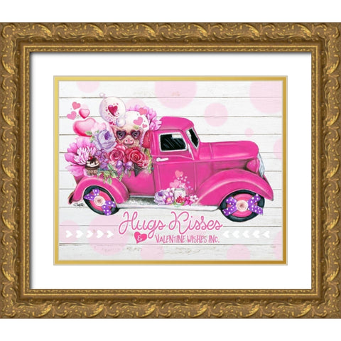 Hugs Kisses Valentine Wishes Inc. Truck Gold Ornate Wood Framed Art Print with Double Matting by Sheena Pike Art
