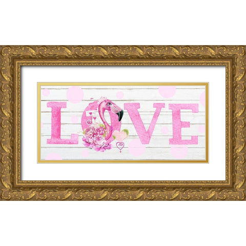 LOVE Pink Flamingo Gold Ornate Wood Framed Art Print with Double Matting by Sheena Pike Art
