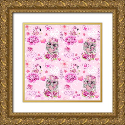 Pink Valentine Elephant And Flamingo Pattern Gold Ornate Wood Framed Art Print with Double Matting by Sheena Pike Art