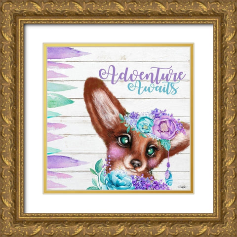 Boho Fox Adventure Awaits Gold Ornate Wood Framed Art Print with Double Matting by Sheena Pike Art