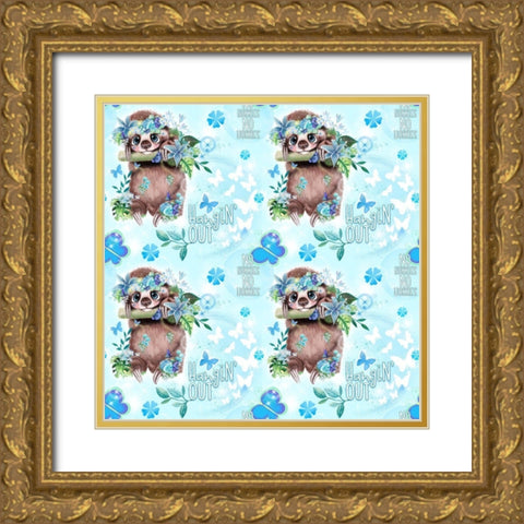 Just Hangin Sloth Pattern Gold Ornate Wood Framed Art Print with Double Matting by Sheena Pike Art