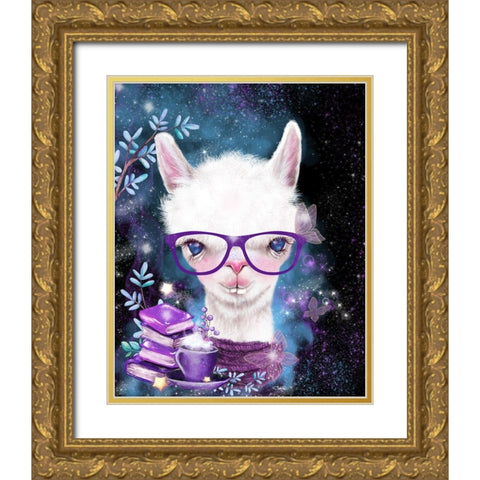 Tea and Books Llama Gold Ornate Wood Framed Art Print with Double Matting by Sheena Pike Art