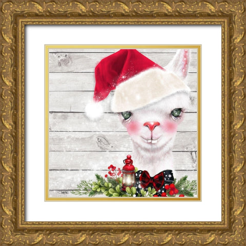 Christmas Llama Gold Ornate Wood Framed Art Print with Double Matting by Sheena Pike Art