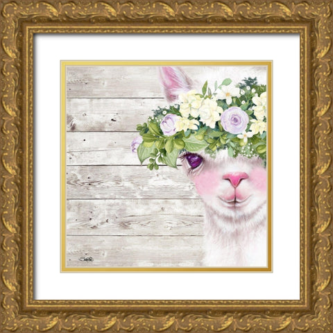 Peek a Boo Sweet Llama Gold Ornate Wood Framed Art Print with Double Matting by Sheena Pike Art