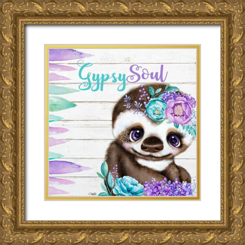 Boho Sloth Gypsy Soul Gold Ornate Wood Framed Art Print with Double Matting by Sheena Pike Art