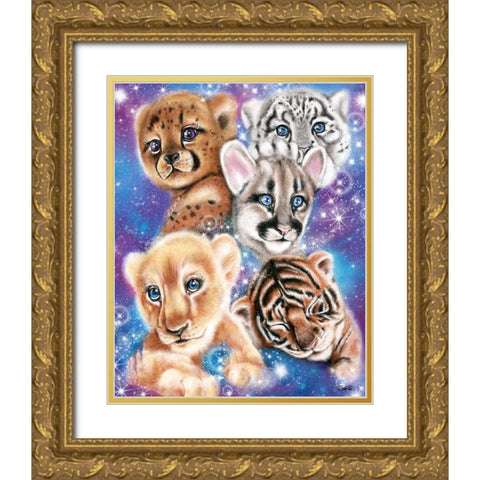 Galaxy Wild Kitten Cubs Gold Ornate Wood Framed Art Print with Double Matting by Sheena Pike Art