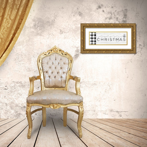 Merry Christmas Black and White Plaid Gold Ornate Wood Framed Art Print with Double Matting by Sheena Pike Art