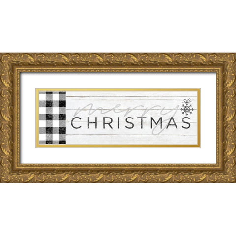 Merry Christmas Black and White Plaid Gold Ornate Wood Framed Art Print with Double Matting by Sheena Pike Art