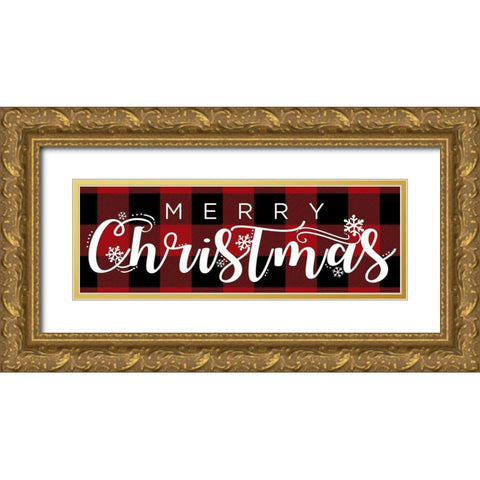 Merry Christmas Red Plaid Gold Ornate Wood Framed Art Print with Double Matting by Sheena Pike Art