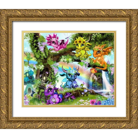 Enchanted Tree - Lil DragonZ Gold Ornate Wood Framed Art Print with Double Matting by Sheena Pike Art
