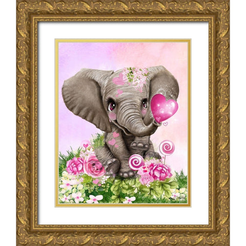 Elephant Kisses Gold Ornate Wood Framed Art Print with Double Matting by Sheena Pike Art