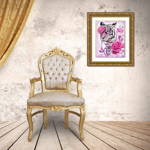 Fuschia Tiger Gold Ornate Wood Framed Art Print with Double Matting by Sheena Pike Art