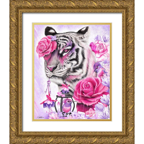 Fuschia Tiger Gold Ornate Wood Framed Art Print with Double Matting by Sheena Pike Art