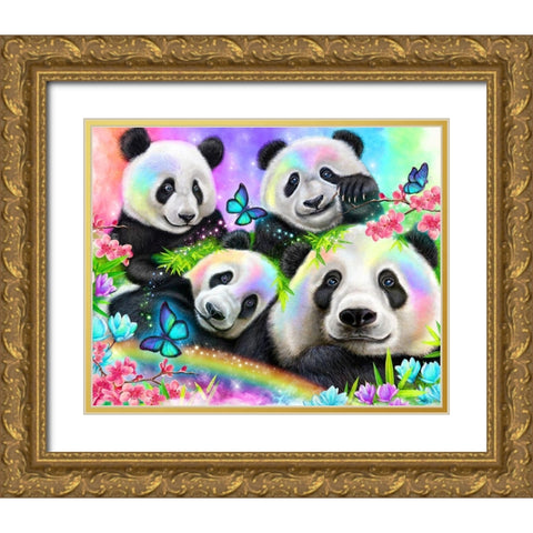 Best Buddies - Rainbow Pandas Gold Ornate Wood Framed Art Print with Double Matting by Sheena Pike Art