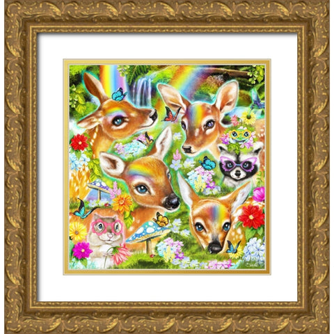 Fawns n Flowers Gold Ornate Wood Framed Art Print with Double Matting by Sheena Pike Art