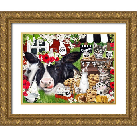 Cookies n Milk Cow and Kitties Gold Ornate Wood Framed Art Print with Double Matting by Sheena Pike Art
