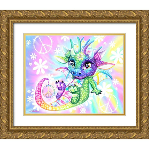 Peaceful Tie Dye Lil Dragonz Gold Ornate Wood Framed Art Print with Double Matting by Sheena Pike Art