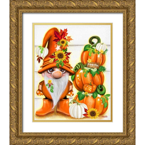 Pumpkins for Sale Lil Gnomez Gold Ornate Wood Framed Art Print with Double Matting by Sheena Pike Art