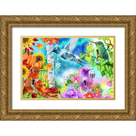 Changing Seasons Humming Birds Gold Ornate Wood Framed Art Print with Double Matting by Sheena Pike Art