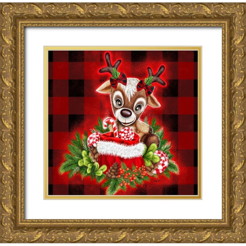 Christmas Cutie Reindeer Gold Ornate Wood Framed Art Print with Double Matting by Sheena Pike Art