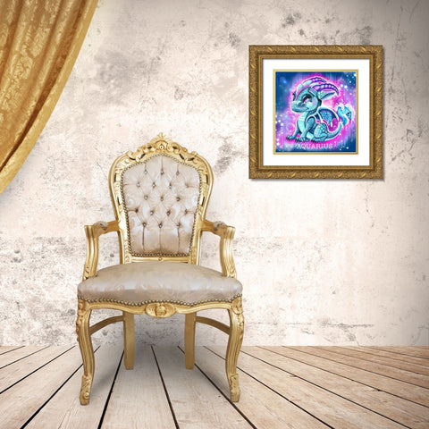 Zodiac Lil Dragonz Aquarius Gold Ornate Wood Framed Art Print with Double Matting by Sheena Pike Art